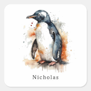 Sunset Tones Watercolor Penguin, custom  Square Sticker