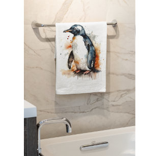 Sunset Tones Watercolor Penguin Hand Towel