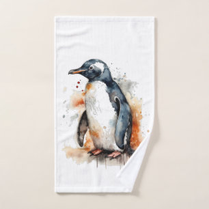 Sunset Tones Watercolor Penguin Hand Towel