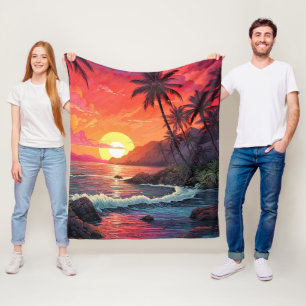 Sunset Tropical Beach Paradise Island  Fleece Blanket