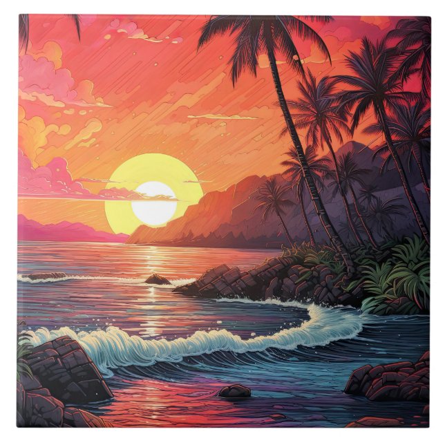 Sunset Tropical Beach Paradise Island  Tile (Front)