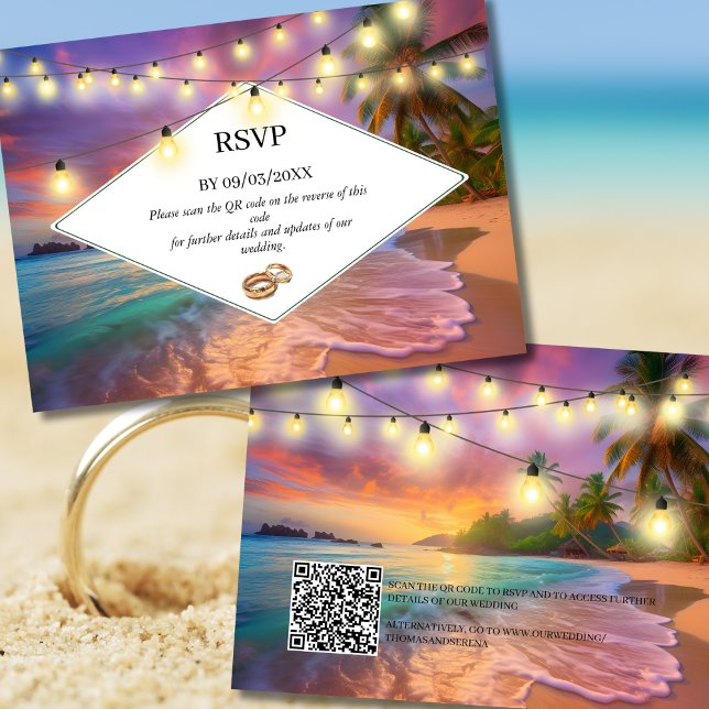 Sunset Tropical Beach QR Code RSVP Wedding  Card (Creator Uploaded)
