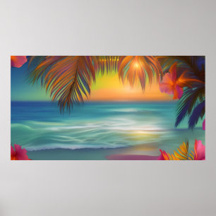 Sunset Tropical Beach Sand ocean palm trees Flower Poster