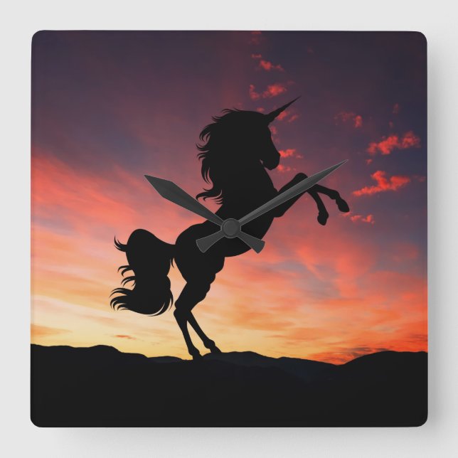 Sunset Unicorn Silhouette Time Glow Square Wall Clock (Front)