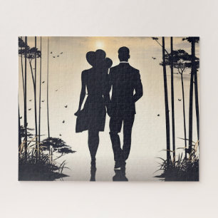 Sunset Upscale Couple Silhouette Walking Together Jigsaw Puzzle