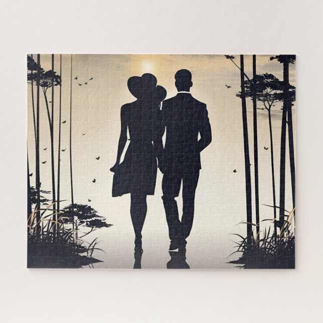Sunset Upscale Couple Silhouette Walking Together Jigsaw Puzzle (Horizontal)