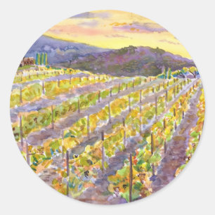 Sunset Vineyard – Golden Watercolor Landscape Classic Round Sticker
