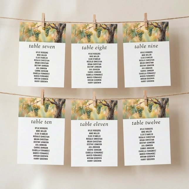 Sunset Vineyard Rustic Grapes Seating Chart Card (Seating Chart Cards from the Sunset Vineyard wedding collection by Darling & May)