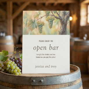 Sunset Vineyard Watercolor Grapes Open Bar Wedding Pedestal Sign