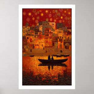 Sunset Wall Art Bohemian River Scene - Warm Orange