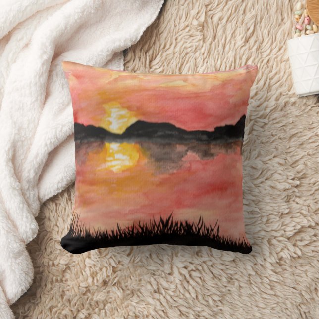 Sunset Watercolor Art | red sky | ink landscape -  Cushion (Blanket)