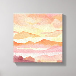 Sunset Watercolor Hills   Orange Hue Sky Painting Canvas Print