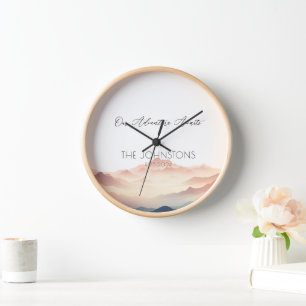 Sunset Watercolor Mountain Wedding Decor Clock