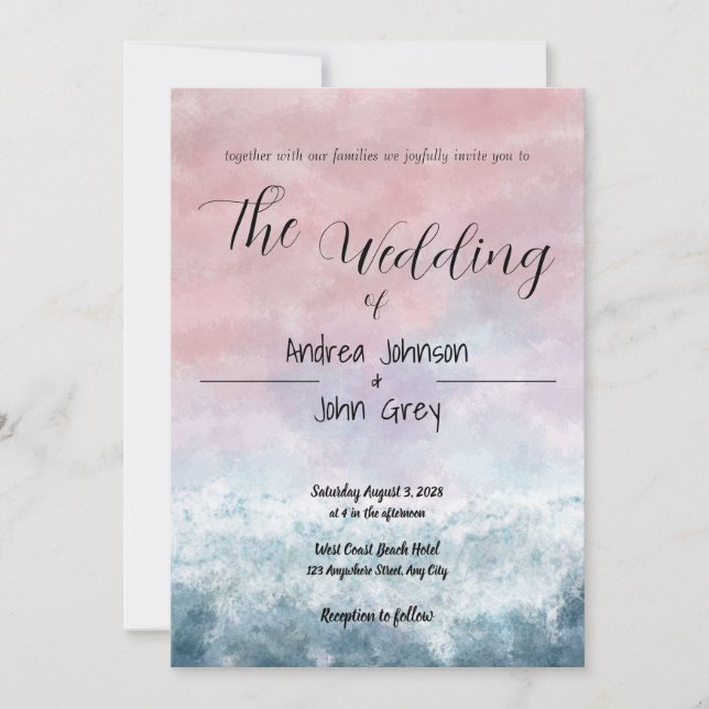 Sunset Watercolor Ocean Blue Wedding Invitation (Front)