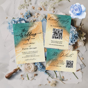 Sunset Watercolor Shoreline Tropical Beach Wedding Invitation