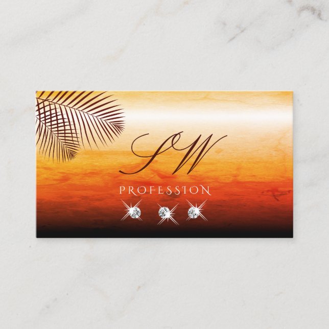 Sunset Watercolors Palm Leaves Diamonds Initials Business Card (Front)