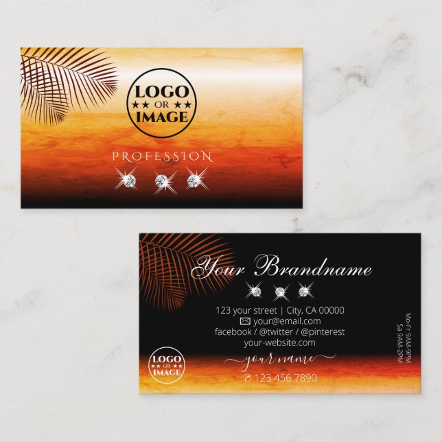 Sunset Watercolors Palm Leaves Diamonds with Logo Business Card (Front/Back)