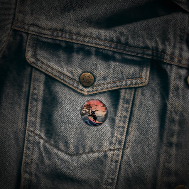 Sunset Wave-Riding Cat 3 Cm Round Badge (Sunset Wave-Riding Cat 1 Inch Round Button)