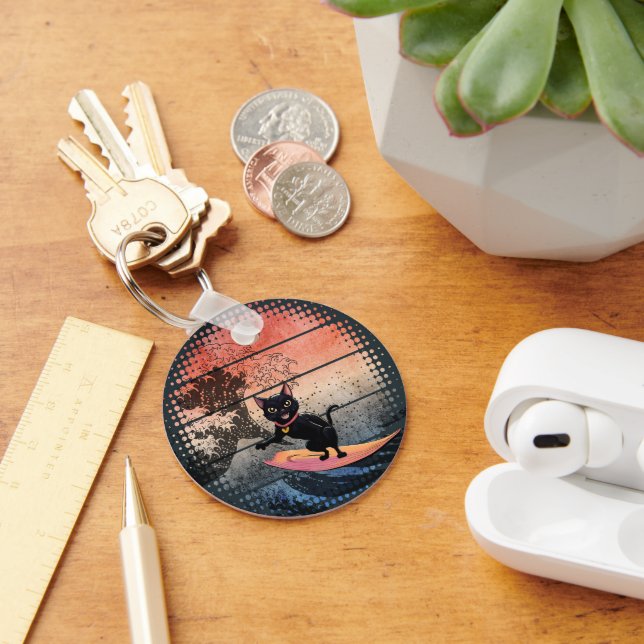 Sunset Wave-Riding Cat Key Ring (Desk)