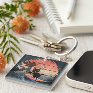 Sunset Wave-Riding Cat Key Ring