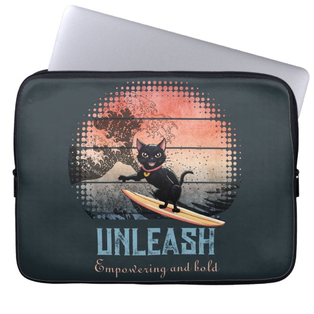 Sunset Wave-Riding Cat Laptop Sleeve (Front)