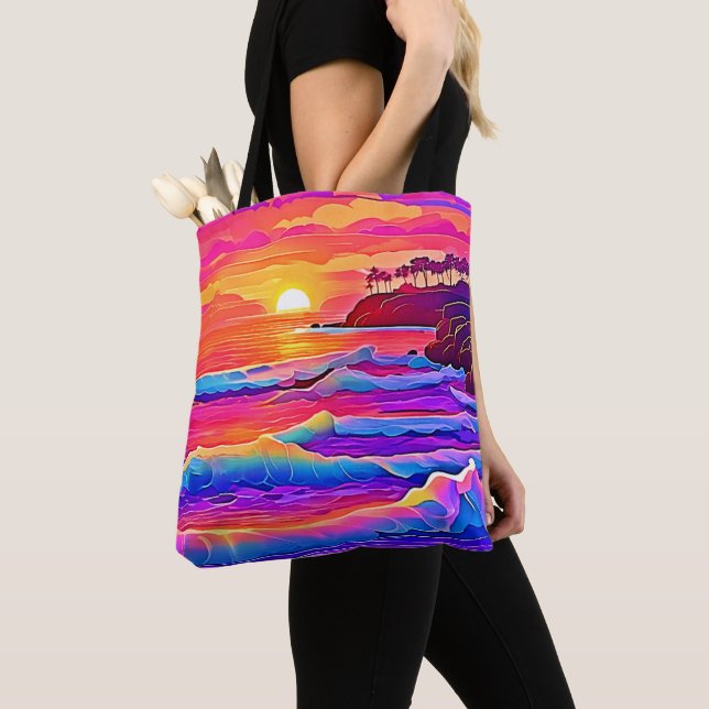 Sunset Waves: Vivid Coastal Dream Tote Bag (Close Up)