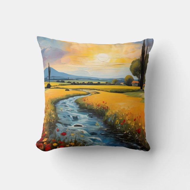 Sunset Wildflowers Field Countryside With A Stream Cushion (Front)