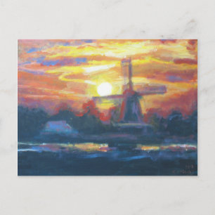 Sunset Windmill Painting Postcard