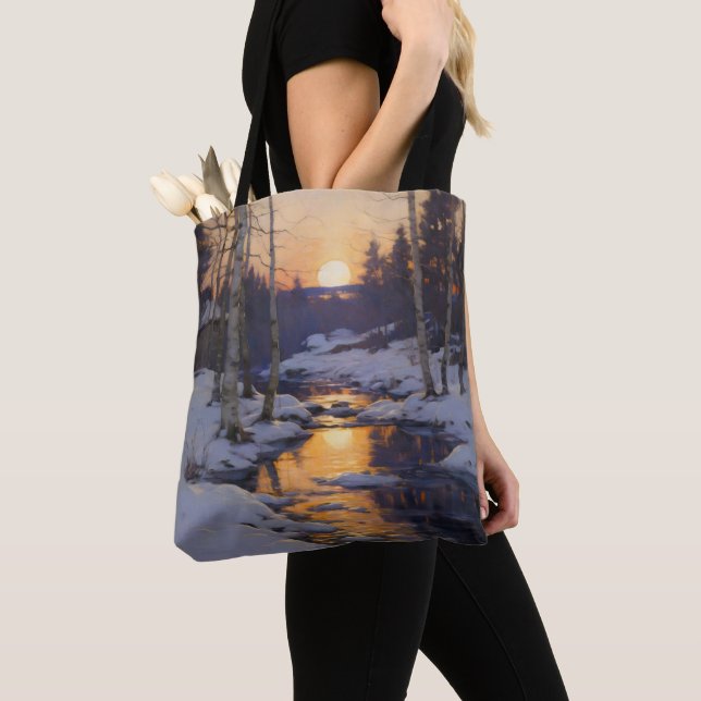 Sunset Winter Forest Landscape Tote Bag (Close Up)
