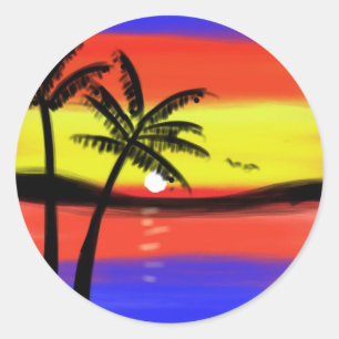 Sunset with Palm Trees Classic Round Sticker