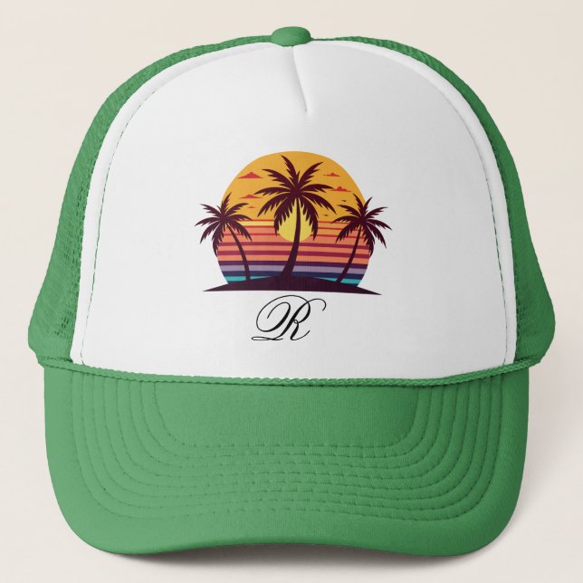 Sunset With Palm Trees Vector Trucker Hat (Front)