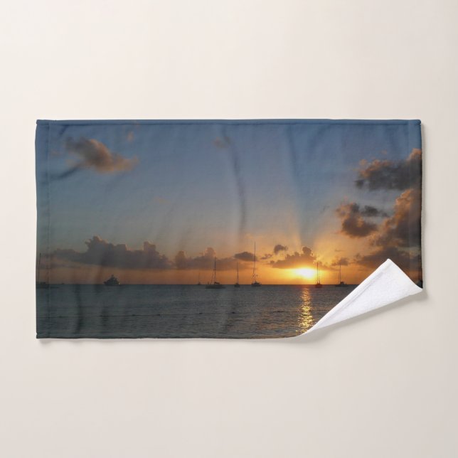 Sunset with Sailboats Tropical Landscape Photo Hand Towel (Hand Towel)