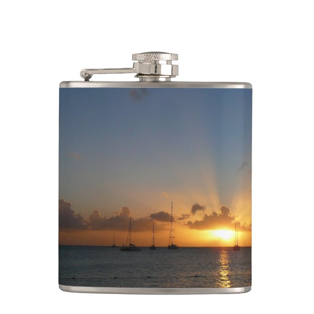 Sunset with Sailboats Tropical Landscape Photo Hip Flask (Front)