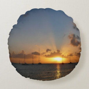 Sunset with Sailboats Tropical Landscape Photo Round Cushion