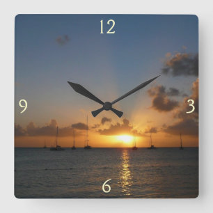 Sunset with Sailboats Tropical Landscape Photo Square Wall Clock