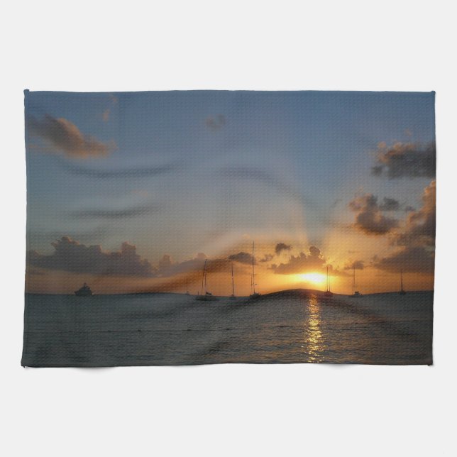 Sunset with Sailboats Tropical Landscape Photo Tea Towel (Horizontal)