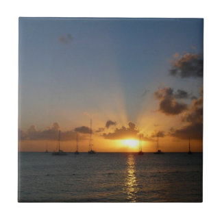 Sunset with Sailboats Tropical Landscape Photo Tile