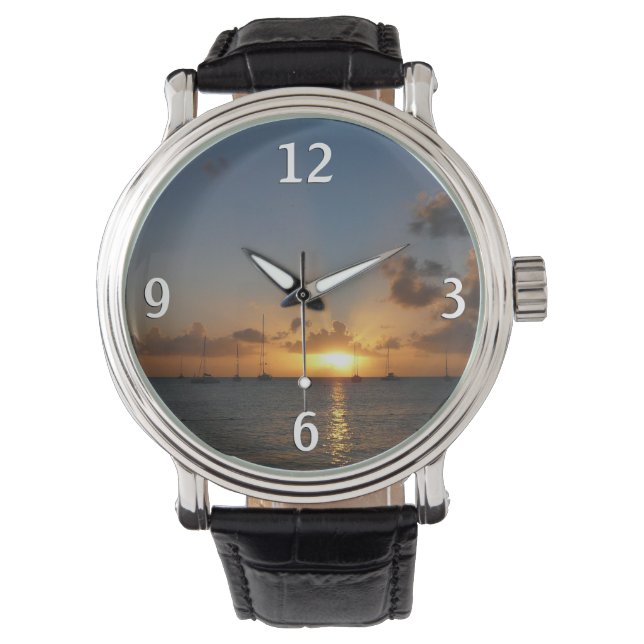 Sunset with Sailboats Tropical Landscape Photo Watch (Front)
