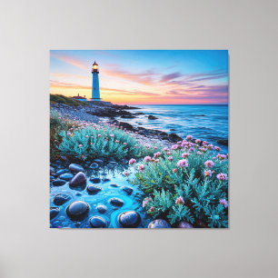 Sunset with Vibrant Flowers and Smooth Stones Canvas Print