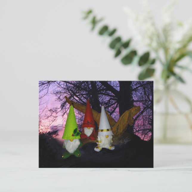 Sunset Woodland Gnomes Holiday Postcard (Standing Front)