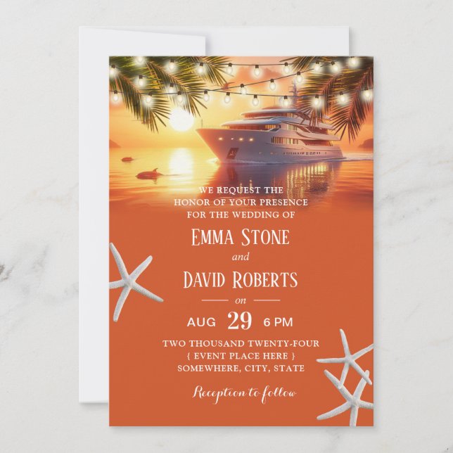 Sunset Yacht & Palm Trees Tropical Beach Wedding Invitation (Front)