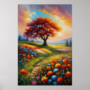 Sunset's Canvas, Colorful Flowers Poster