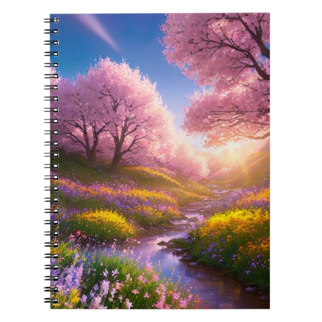 Sunset's Dance Amidst Blossom Meadow Notebook (Front)