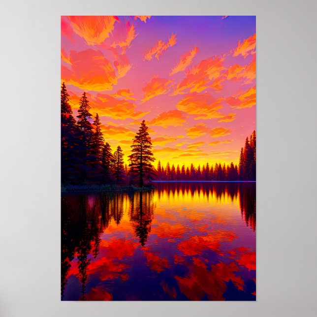 Sunset's Palette, Gold and Red Sky over Lake Poster (Front)