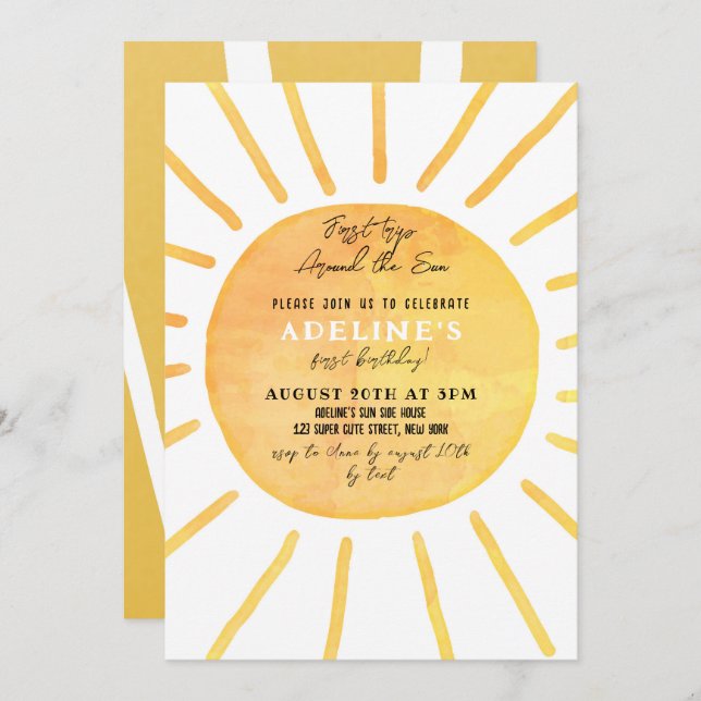 Sunshine 1st Birthday Watercolor Around the Sun Invitation (Front/Back)
