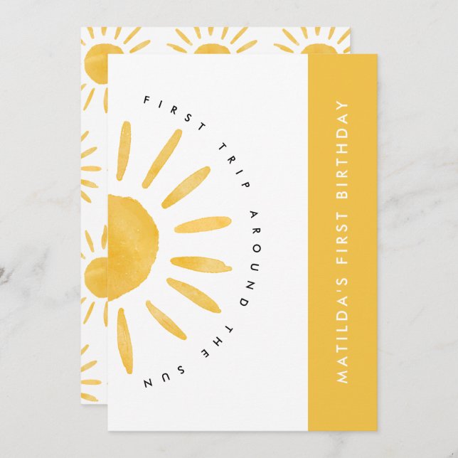sunshine 1st birthday watercolor sun yellow modern invitation (Front/Back)