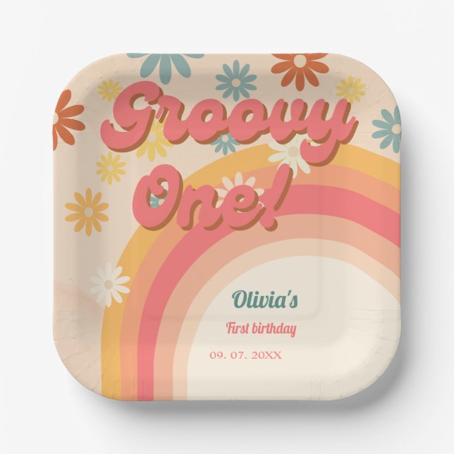 Sunshine 70s retro groovy daisy flower birthday pa paper plate (Front)