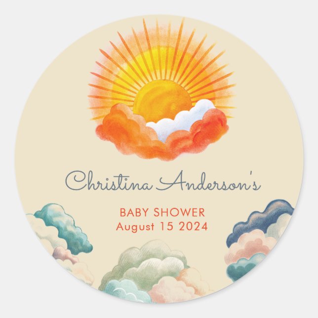 Sunshine and Clouds Yellow Grey Retro Baby Shower Classic Round Sticker (Front)