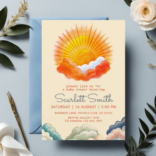 Sunshine and Clouds Yellow Grey Retro Baby Shower Invitation