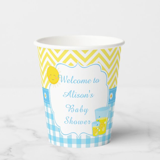 Sunshine and Lemonade Blue and Yellow Baby Shower Paper Cups (Front)